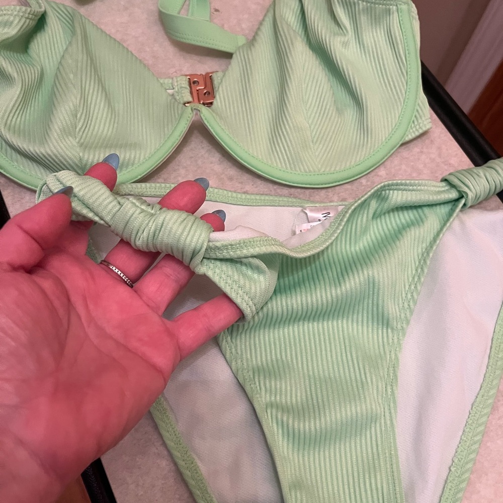 This is a Nory Rose sage green ribbed underwire bikini set with tie details. - Picture 5 of 5
